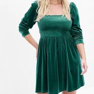 GAP Pine Green Velvet Smocked Square Neck Puff Shoulder Holidays Dress Size M